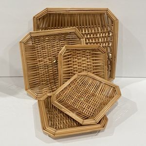 Lot of 5 vintage woven square baskets. Catch all trays. Wicker Straw boho basket